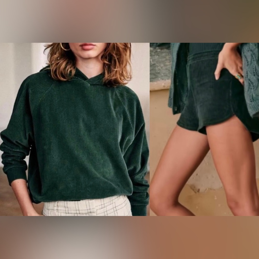 Sezane Green Corduroy Mary Sweatshirt/ Roxanne Shorts Set. 100% Cotton.